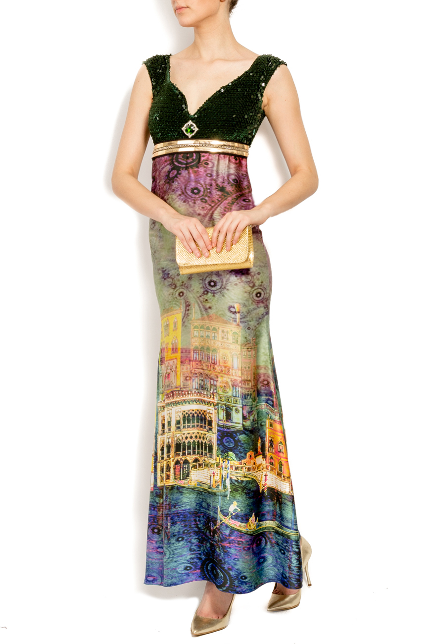 Colorful maxi silk dress with green sequins Elena Perseil image 0