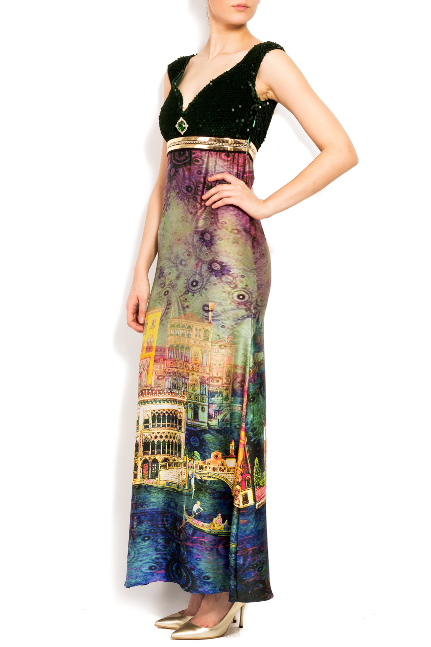 Colorful maxi silk dress with green sequins Elena Perseil image 1
