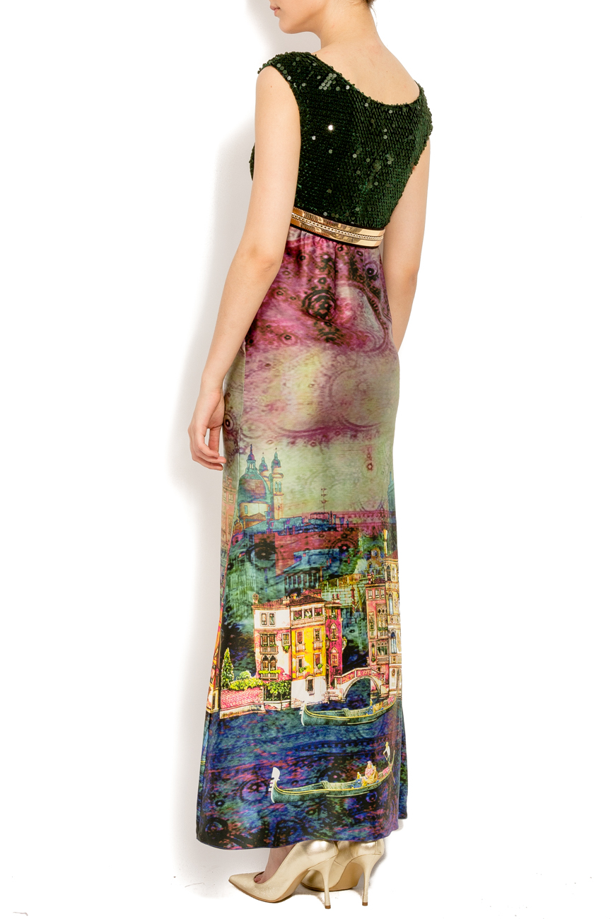 Colorful maxi silk dress with green sequins Elena Perseil image 2