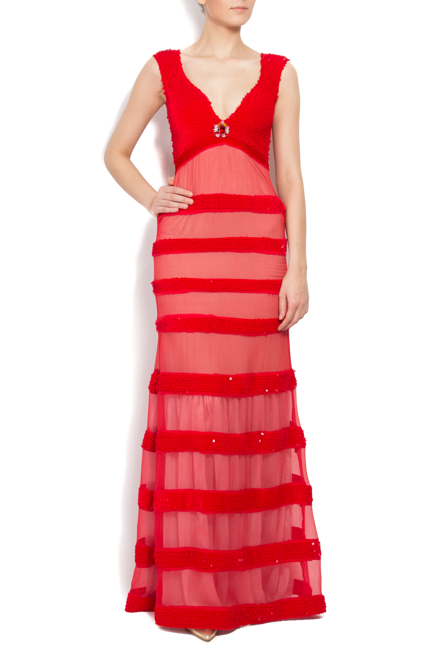 Red silk maxi dress with sequin stripes Elena Perseil image 0