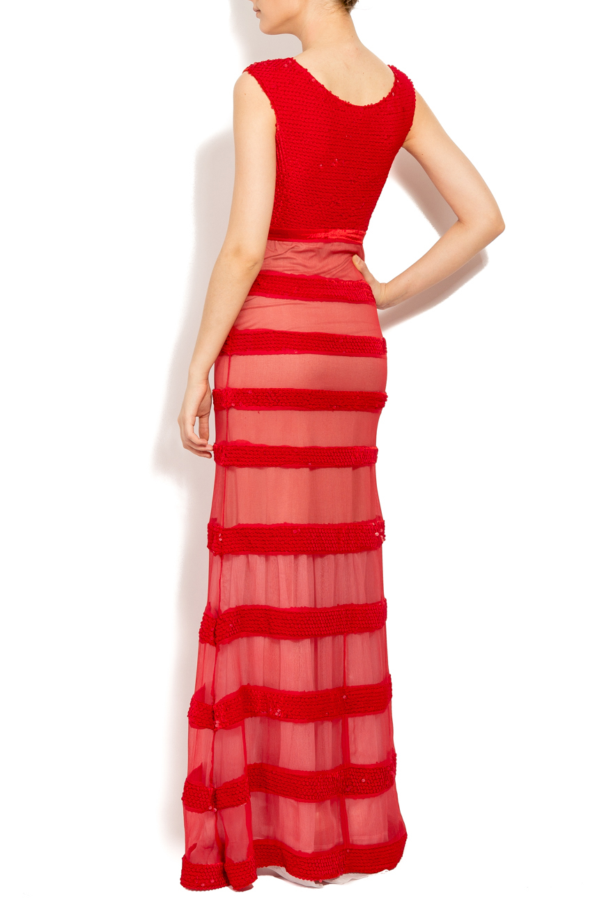 Red silk maxi dress with sequin stripes Elena Perseil image 2