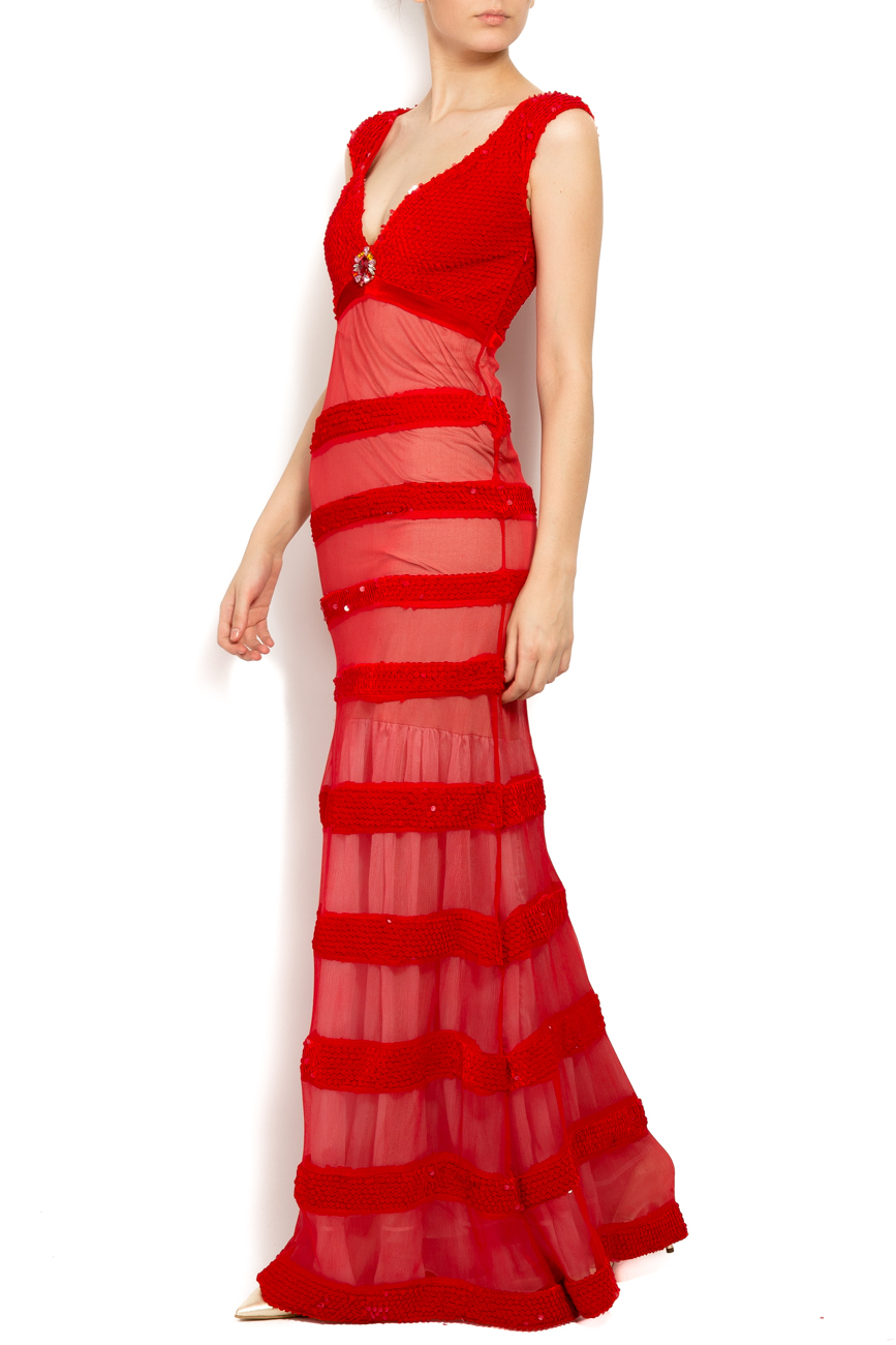 Red silk maxi dress with sequin stripes Elena Perseil image 1