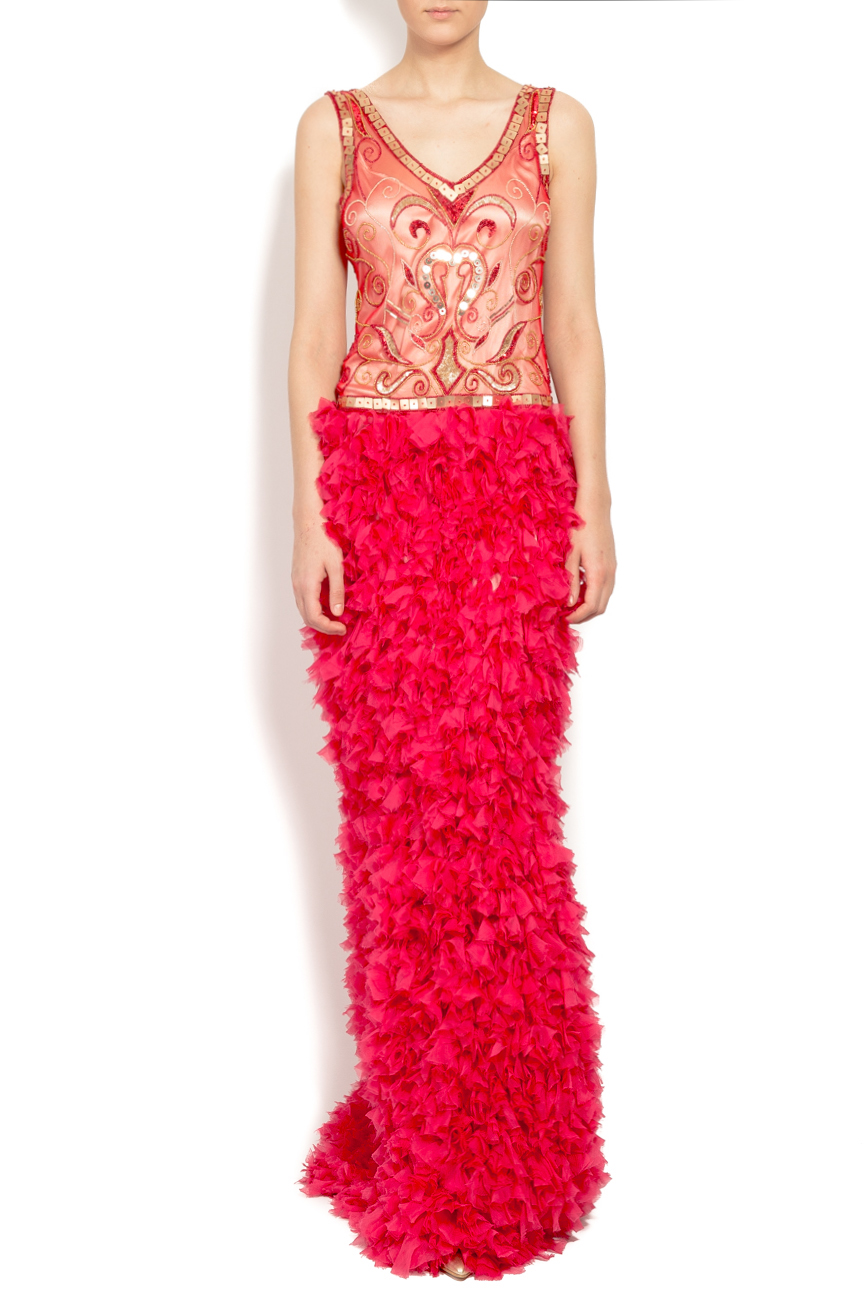 Red silk dress with petal skirt and embroidered beaded  Elena Perseil image 0