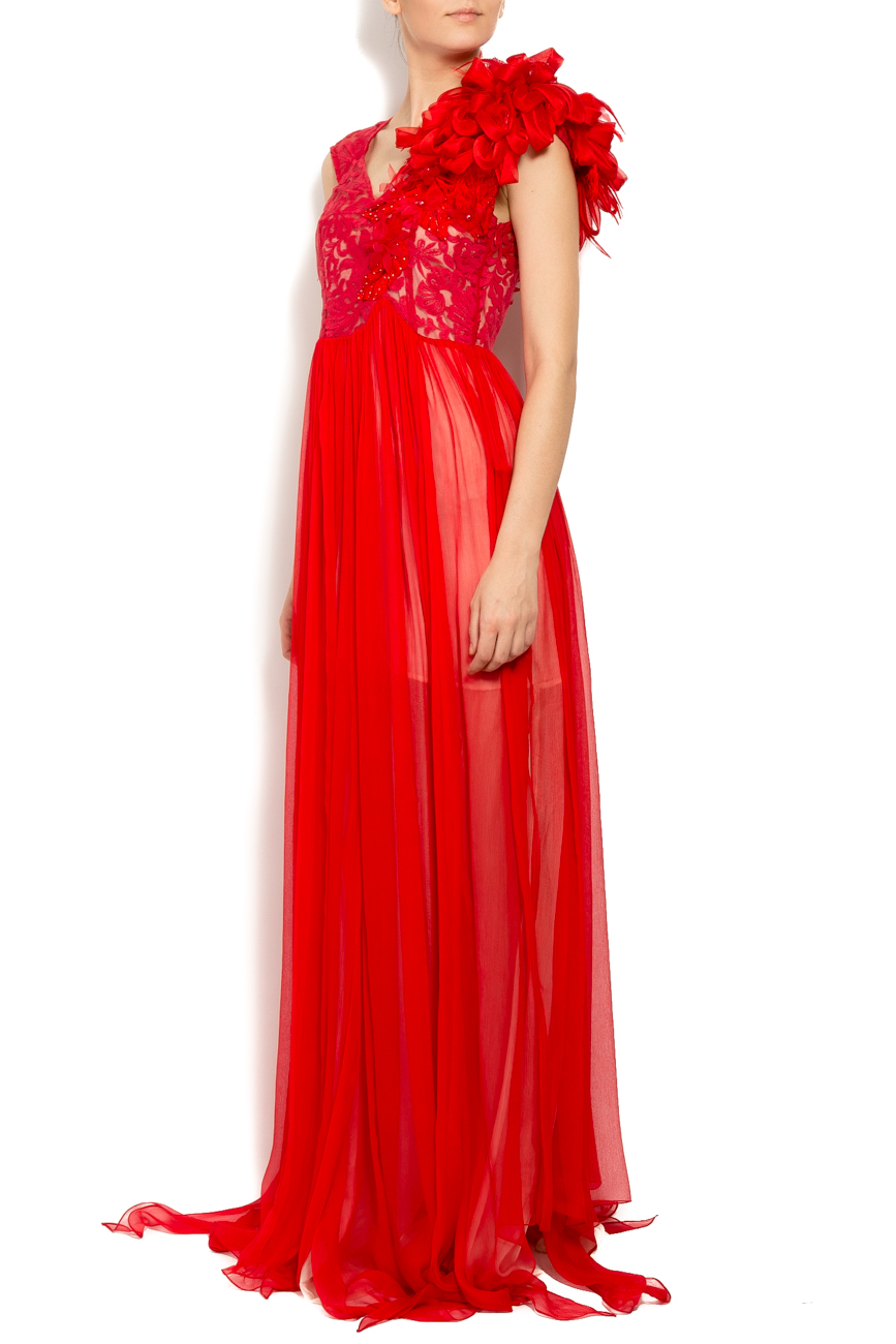Red silk dress with flowers on shoulder Elena Perseil image 1