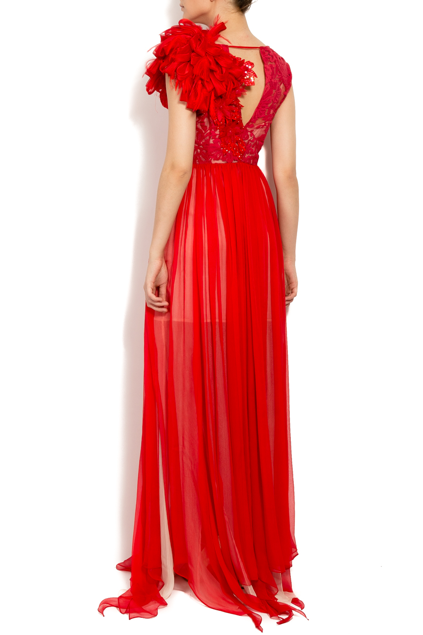 Red silk dress with flowers on shoulder Elena Perseil image 2