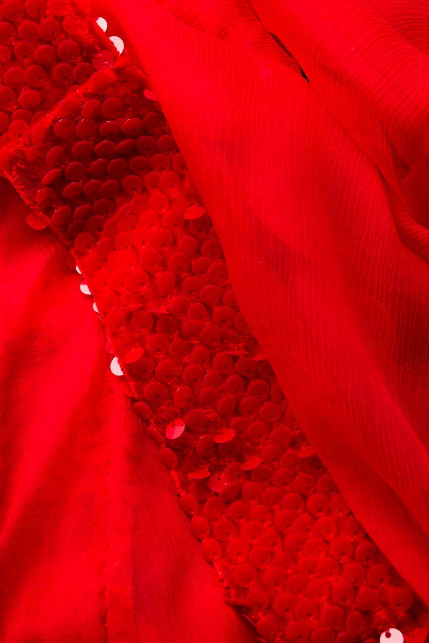 Rochie din matase lunga rosie cu suprapunere din voal Elena Perseil imagine 4