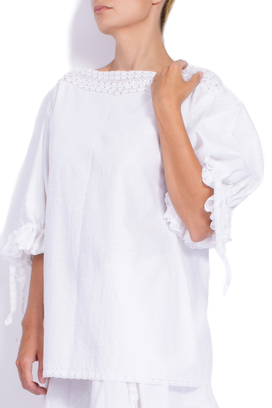 Ruffle-bouffant linen blouse with ethnic pattern Mihaela Carp image 1