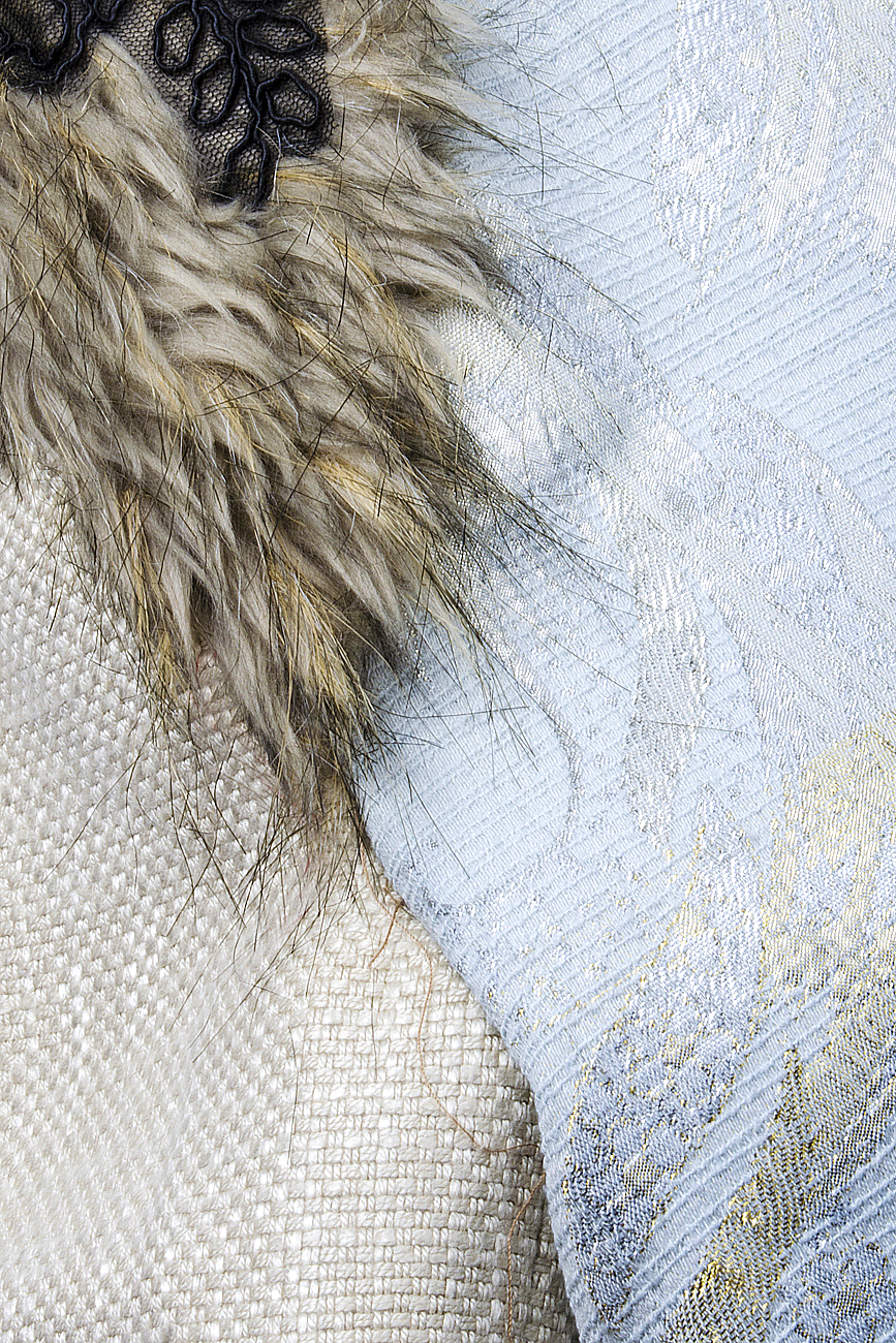 Palton din brocart cu blana artificiala Simona Semen imagine 3