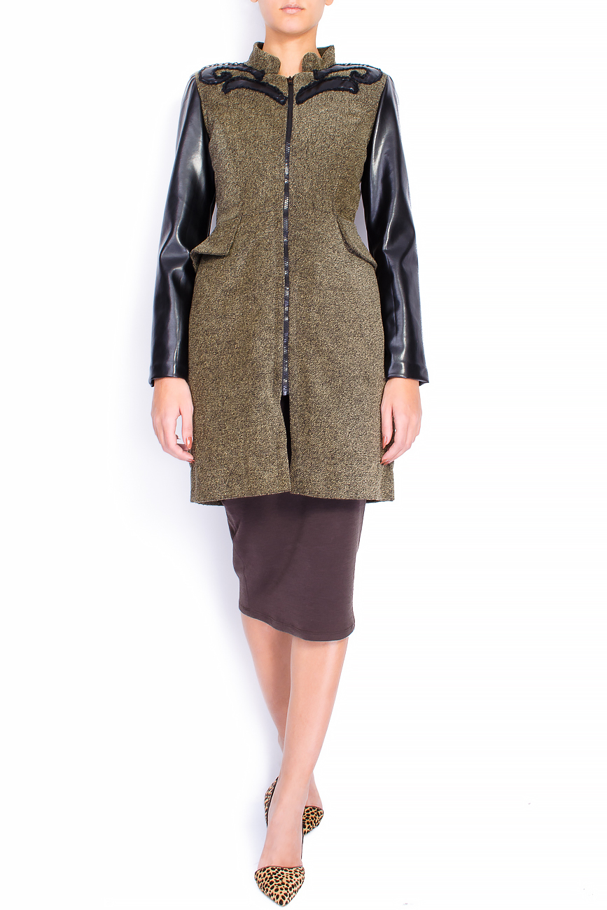 Wool-blend tweed-jacquard coat with faux leather sleeve Loredana Novotni image 0
