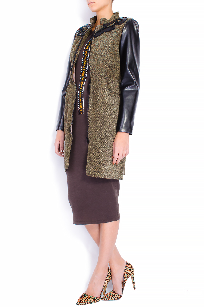 Wool-blend tweed-jacquard coat with faux leather sleeve Loredana Novotni image 1