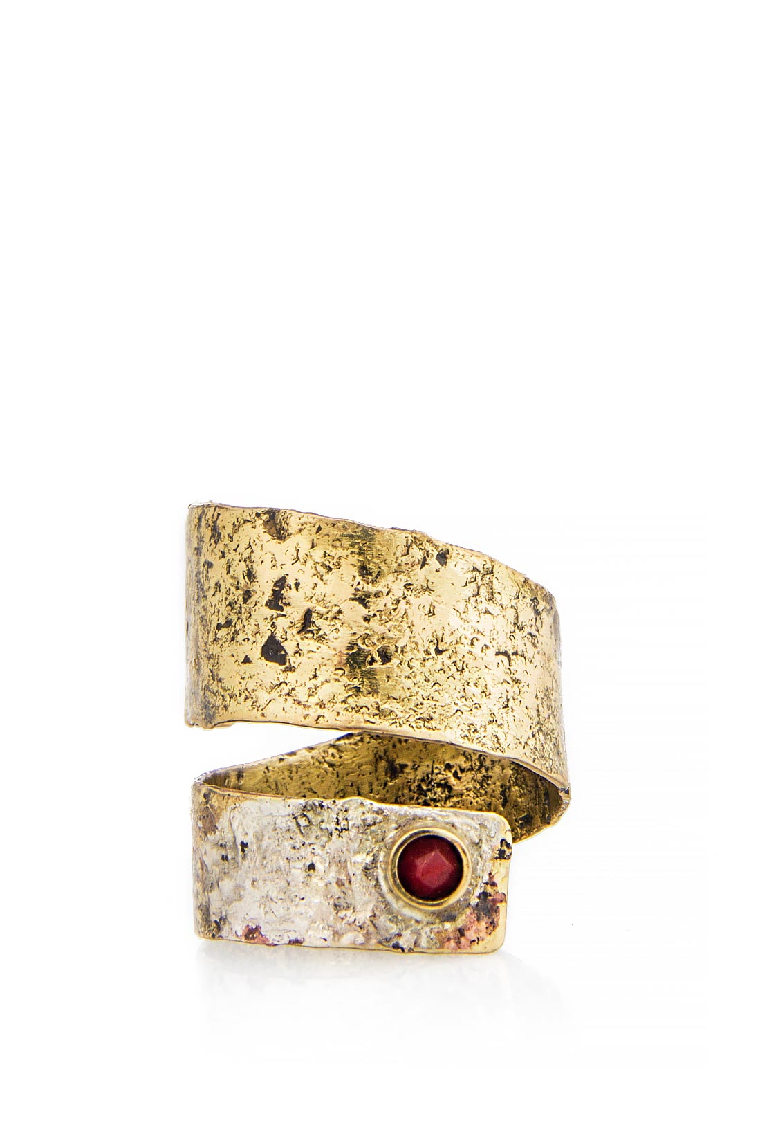 Silver and brass ring with red coral stone Eneada image 0