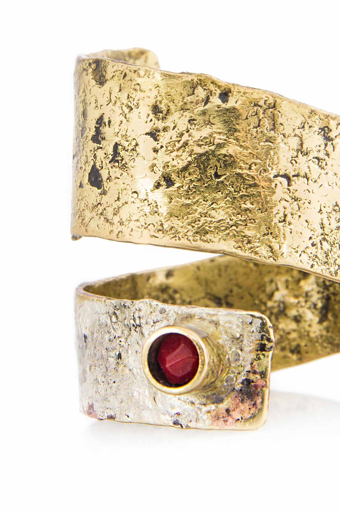 Silver and brass ring with red coral stone Eneada image 3