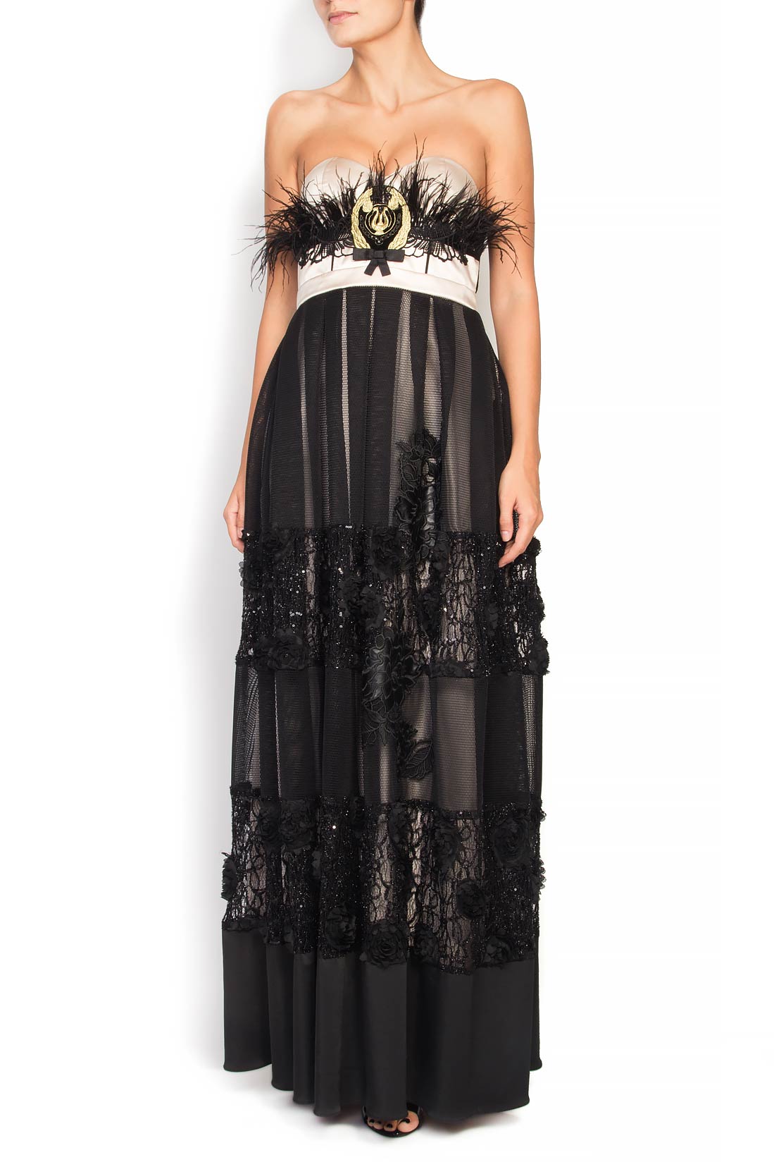 Silk and lace maxi dress with feathers Elena Perseil image 0