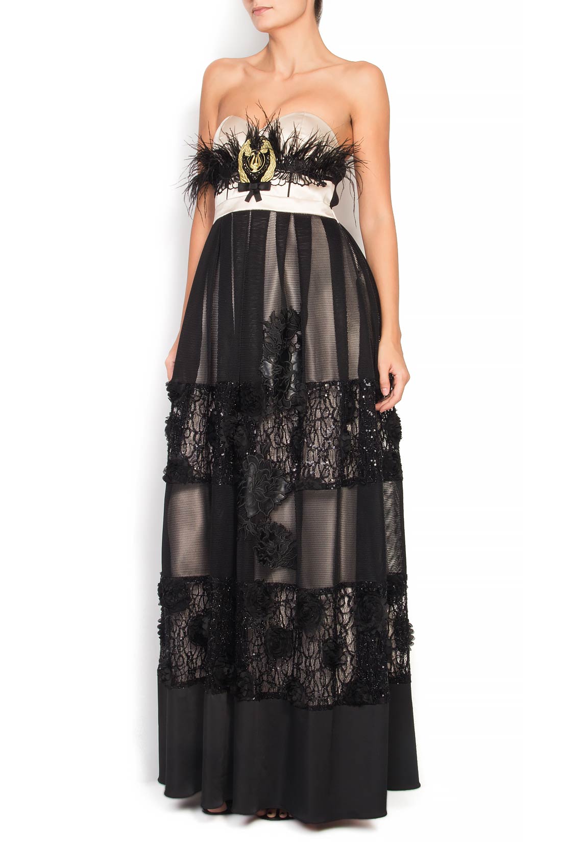Silk and lace maxi dress with feathers Elena Perseil image 1