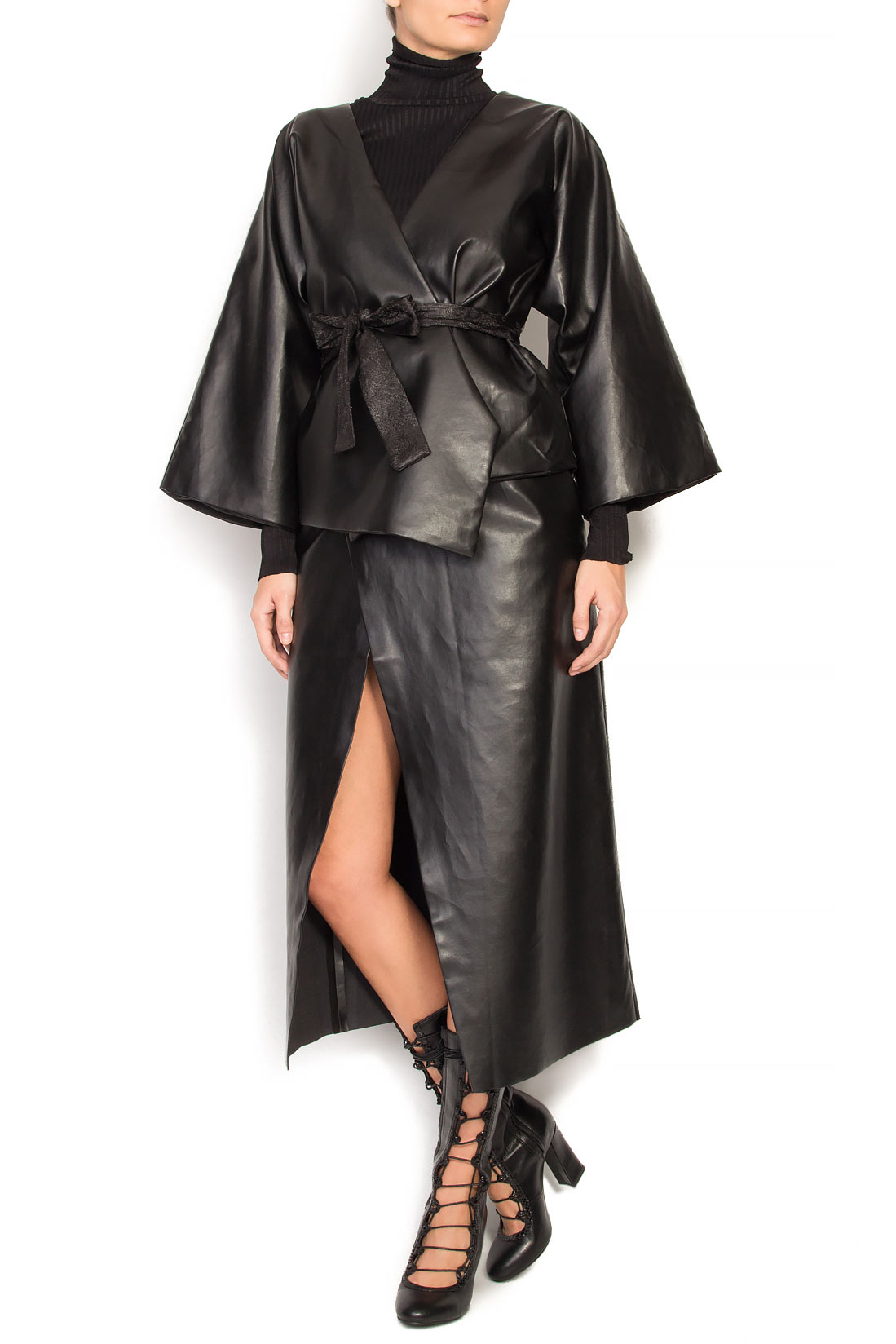 Belted faux leather kimono jacket - Coats made to measure