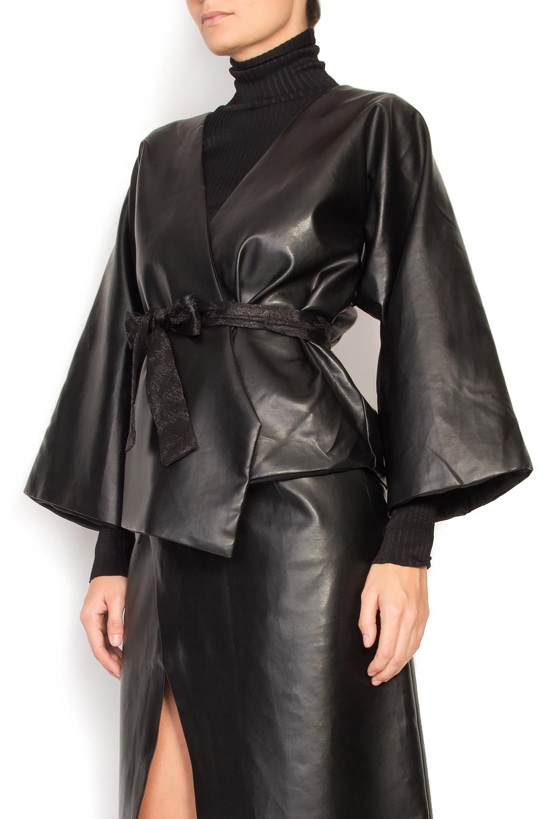 Belted faux leather kimono jacket Simona Semen image 1