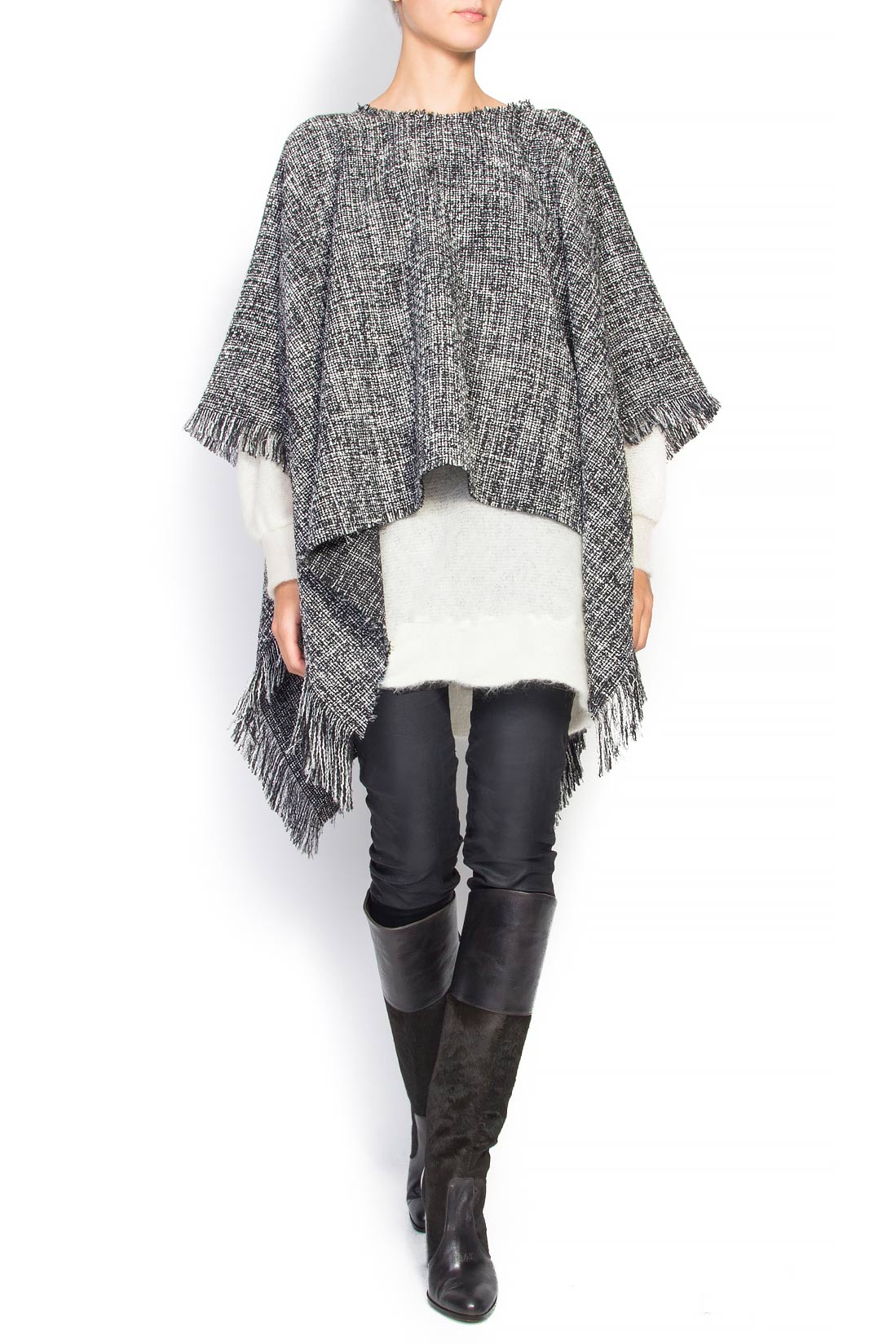 Fringed wool-blend tweed poncho Cloche image 0