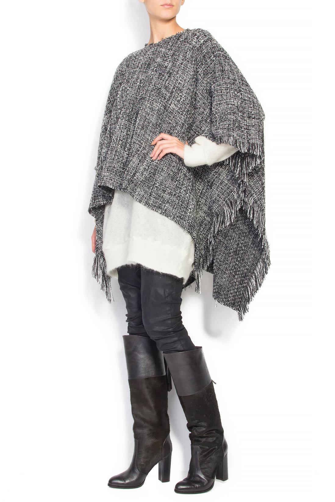 Fringed wool-blend tweed poncho Cloche image 1