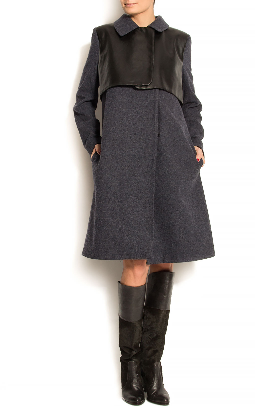 Faux leather-paneled wool-blend coat Simona Semen image 0