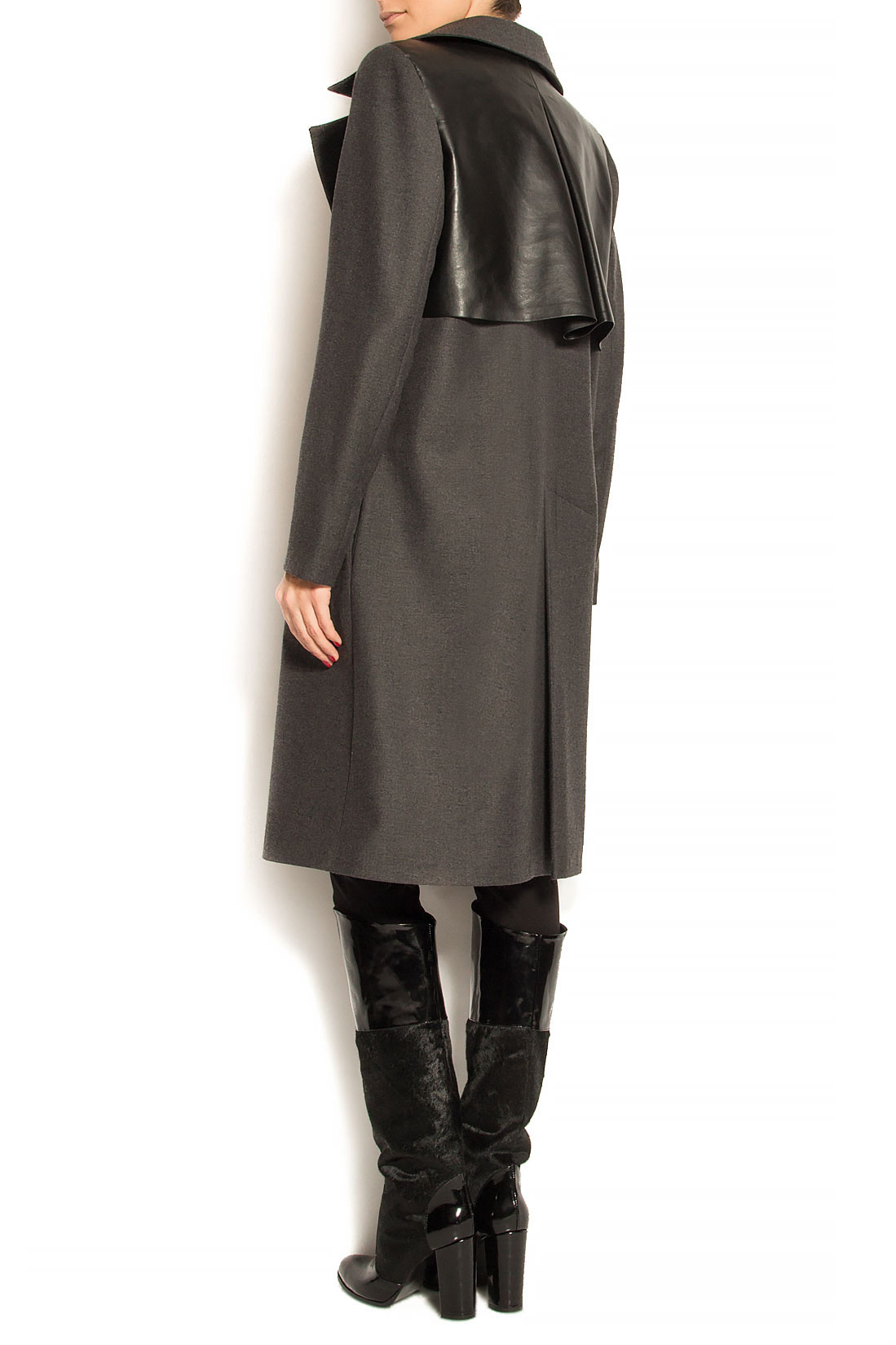 Faux leather-paneled wool-blend coat Simona Semen image 3