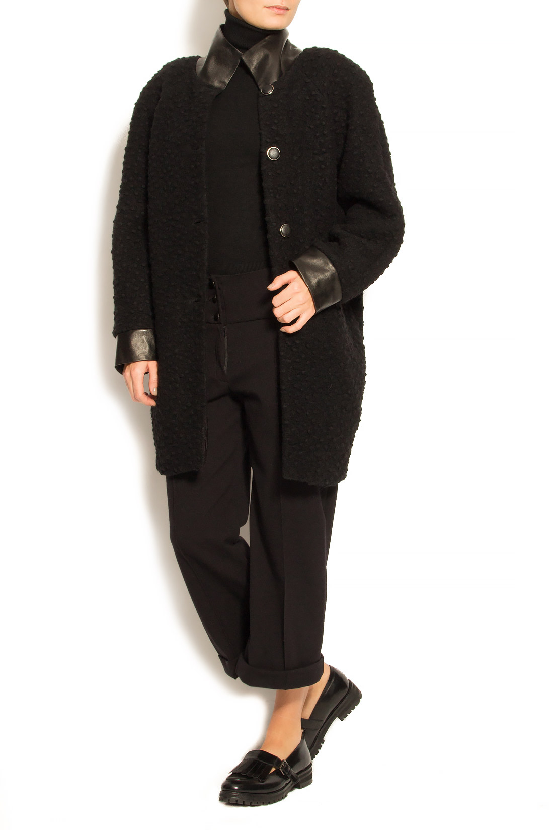 Palton din lana cu insertii din piele ecologica Elena Perseil imagine 3