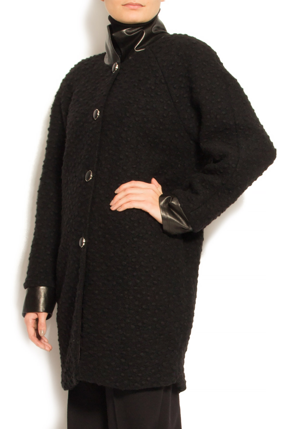 Palton din lana cu insertii din piele ecologica Elena Perseil imagine 1