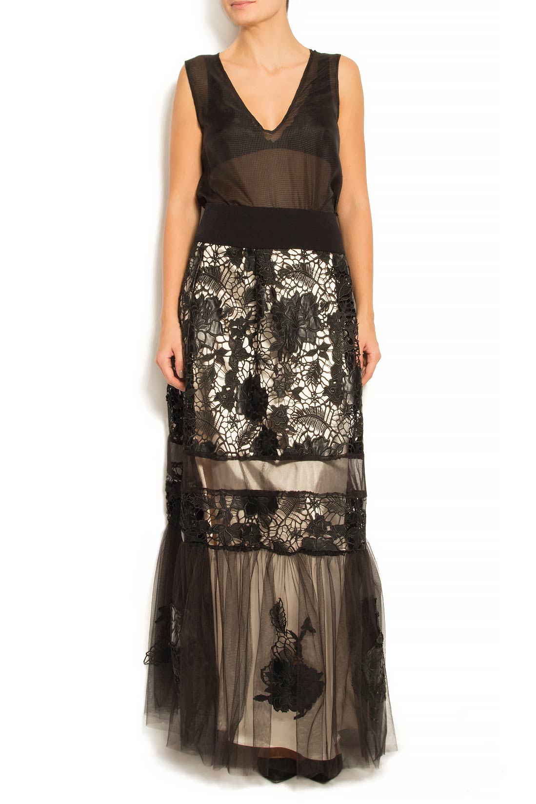 Tulle maxi skirt decorated with leather embroidery Elena Perseil image 0