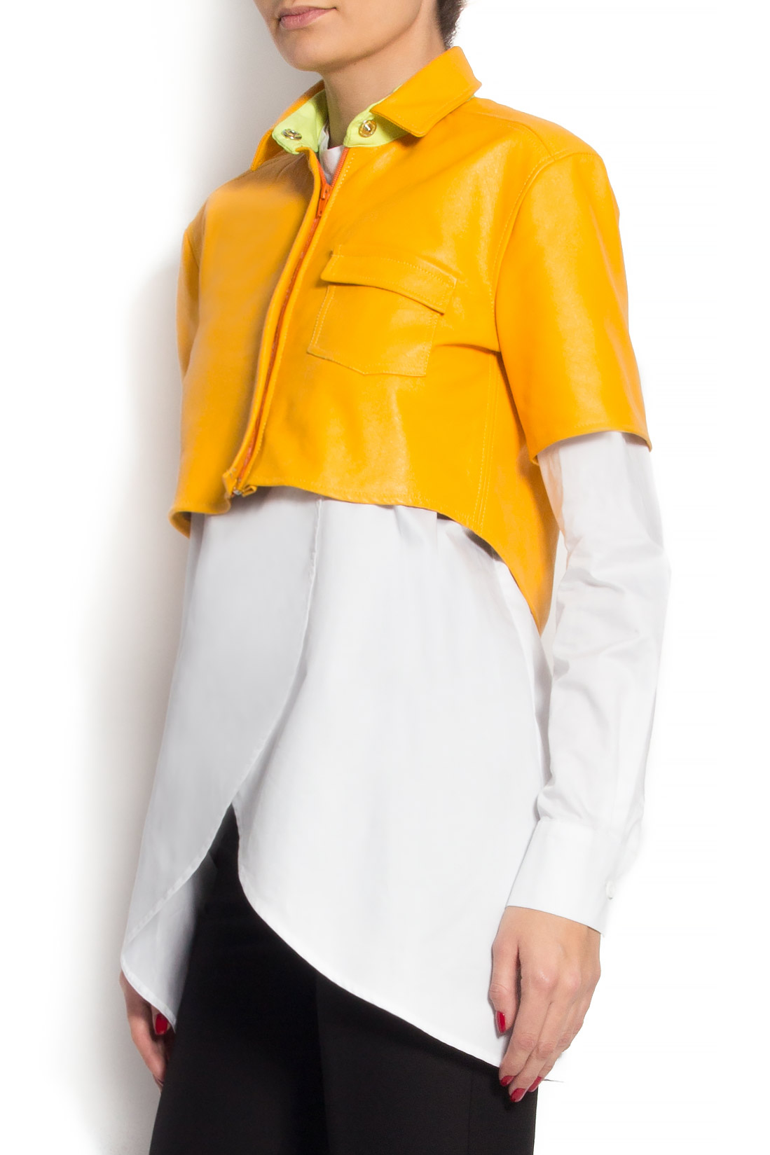 Top with front zip in yellow leather A03 image 1