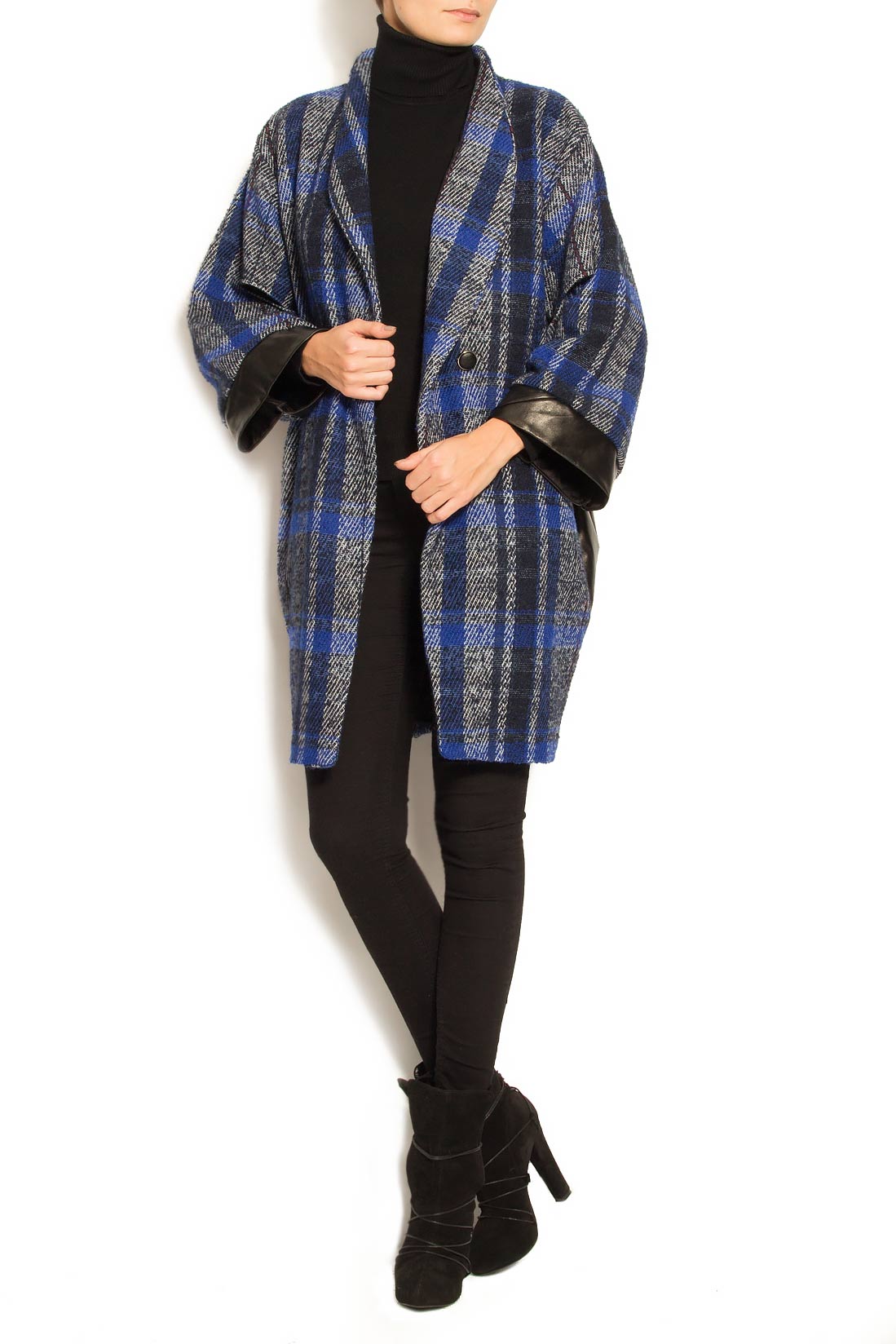 Palton din lana cu insertii din piele Elena Perseil imagine 1