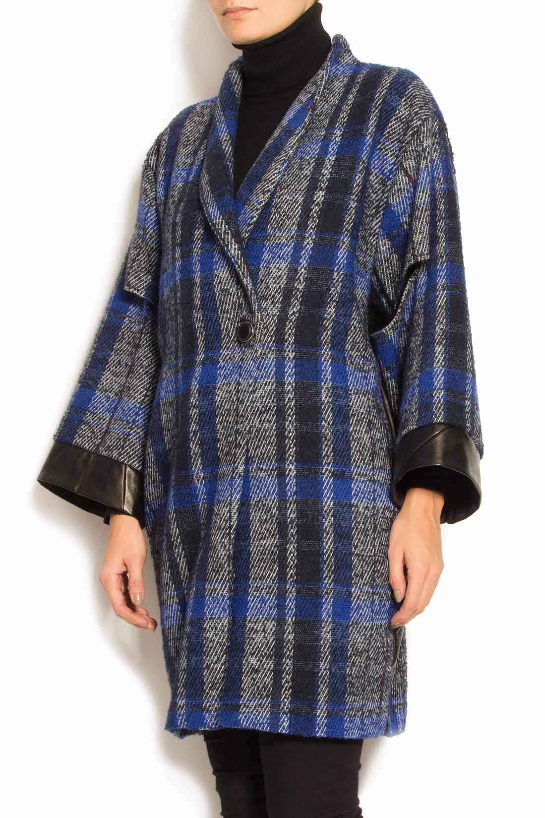 Palton din lana cu insertii din piele Elena Perseil imagine 2