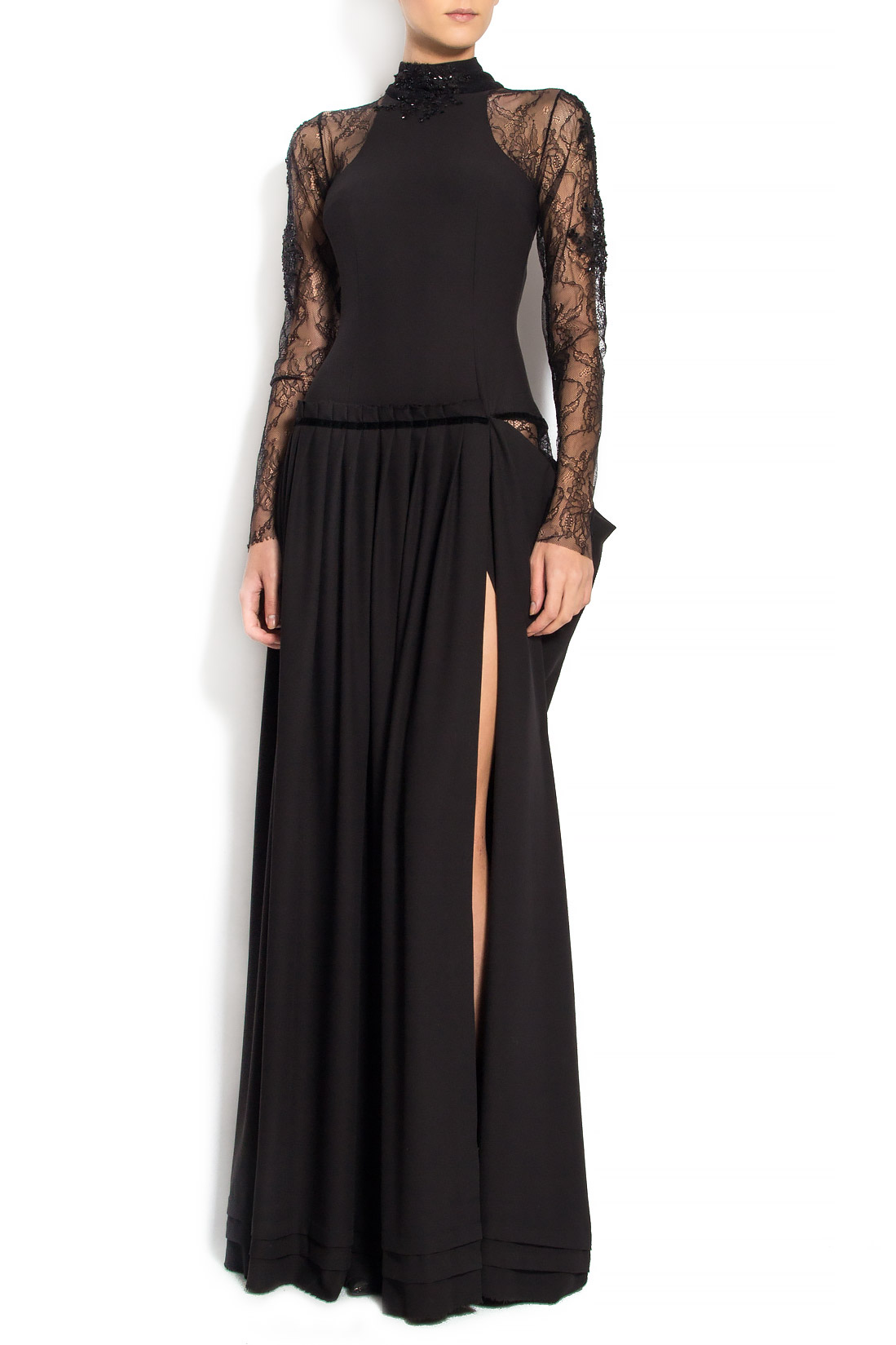Rochie maxi de stofa neagra cu maneci din dantela R'Ias Couture imagine 0