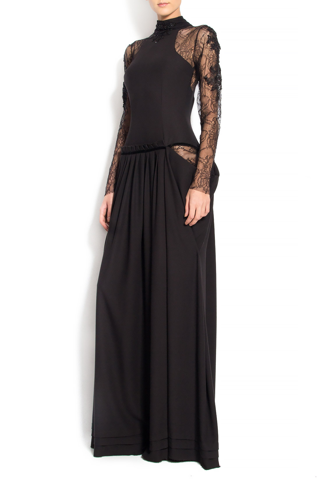 Rochie maxi de stofa neagra cu maneci din dantela R'Ias Couture imagine 1