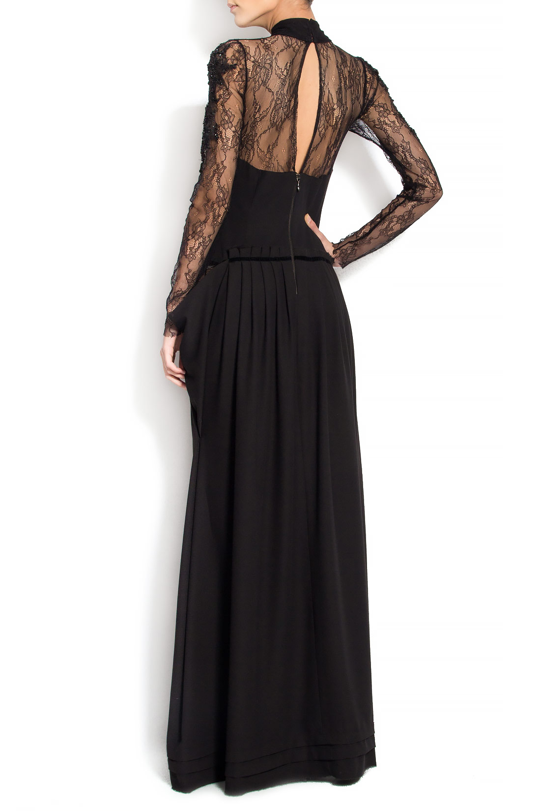 Rochie maxi de stofa neagra cu maneci din dantela R'Ias Couture imagine 2