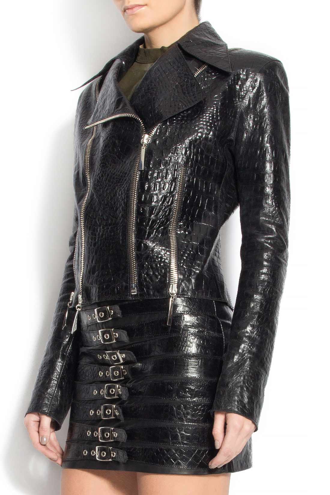 Croc-effect leather biker jacket Manokhi image 2