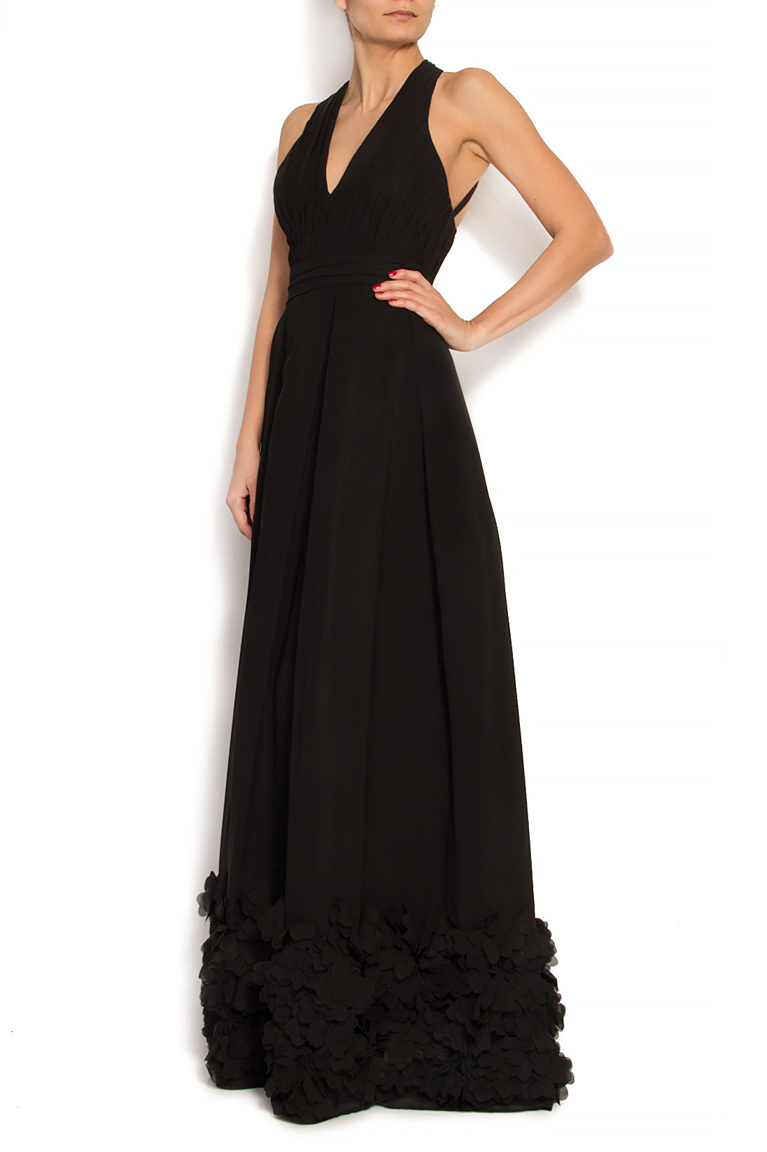 Rochie maxi din crep cu aplicatii florale cusute manual Antoanelle imagine 1