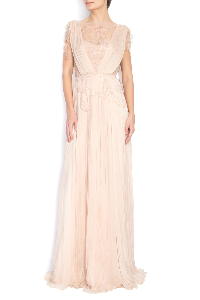 Embellished silk-chiffon hand-sewn Chantilly lace gown Nicole Enea image 0