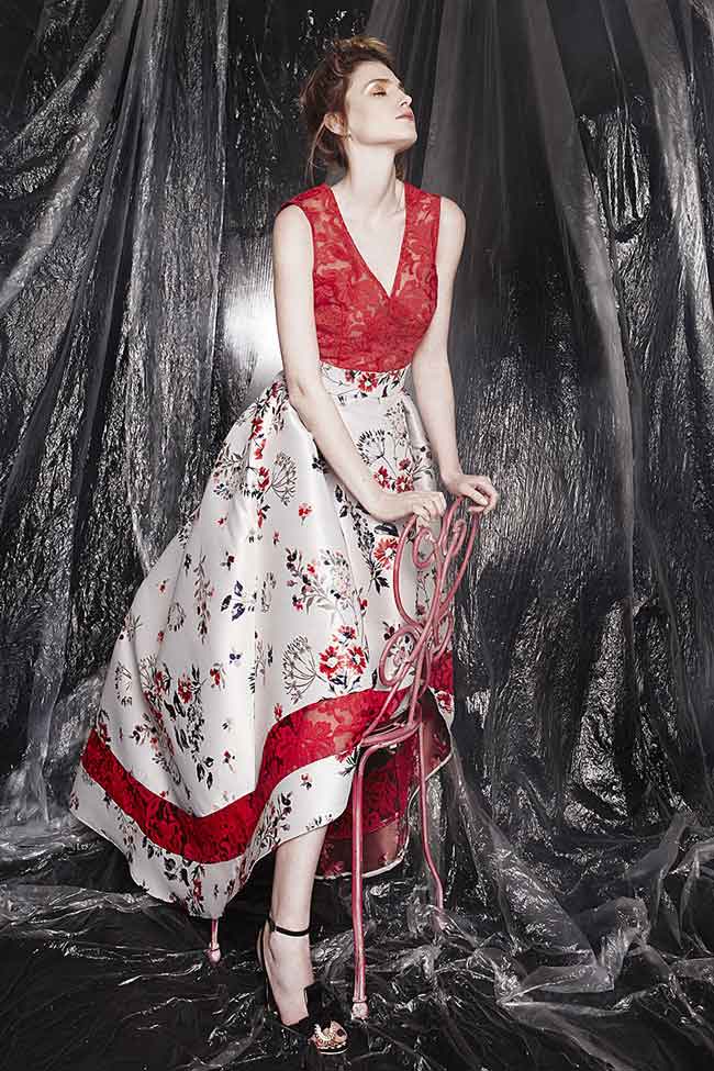 Rochie maxi din stofa cu imprimeu floral si dantela Elena Perseil imagine 3