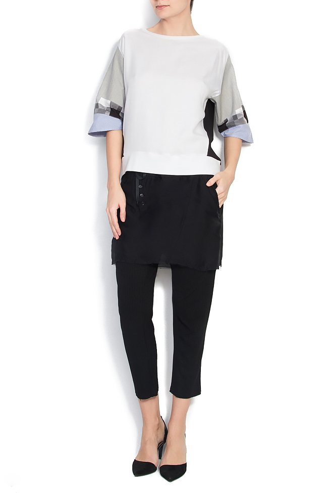 'Psiholog' crepe T-shirt with printed poplin insertions Crepe Black Collar image 0
