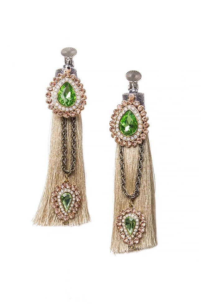 Tasseled silk crystal clip earrings Bon Bijou image 0
