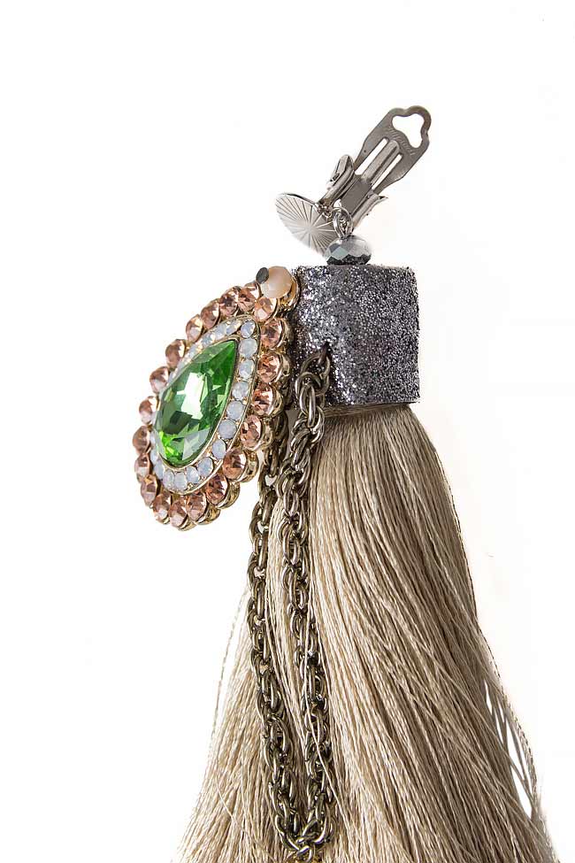 Tasseled silk crystal clip earrings Bon Bijou image 2