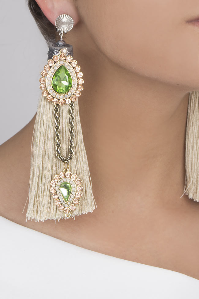 Tasseled silk crystal clip earrings Bon Bijou image 3