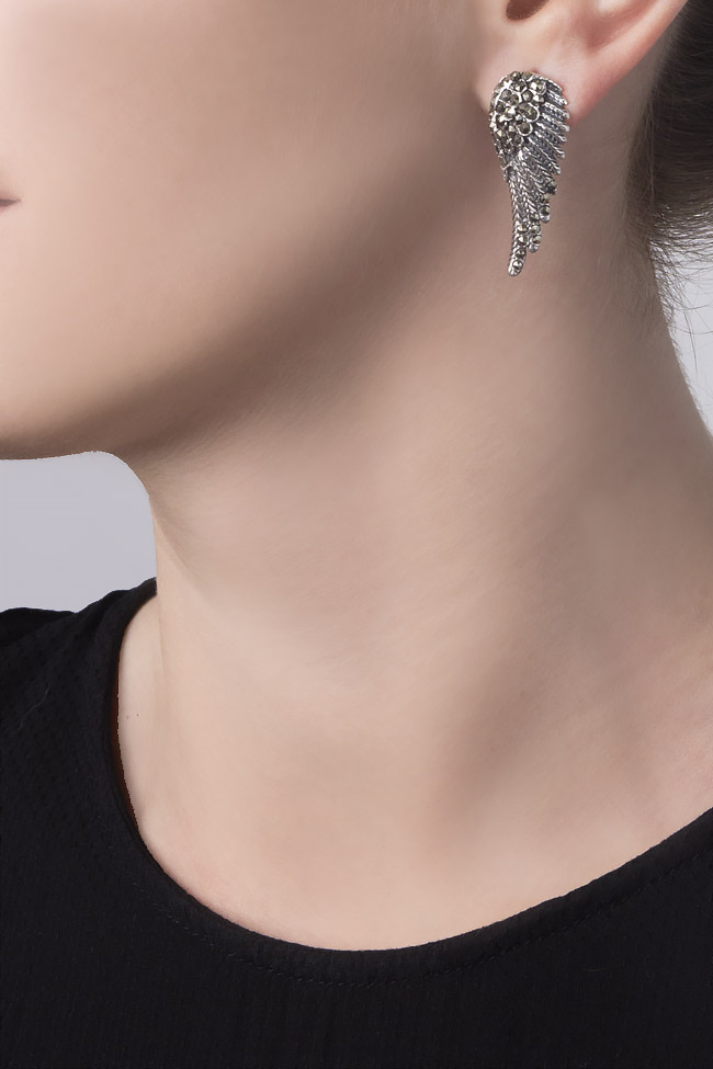 DARK WINGS silver earrings with marcasite Obsidian image 3