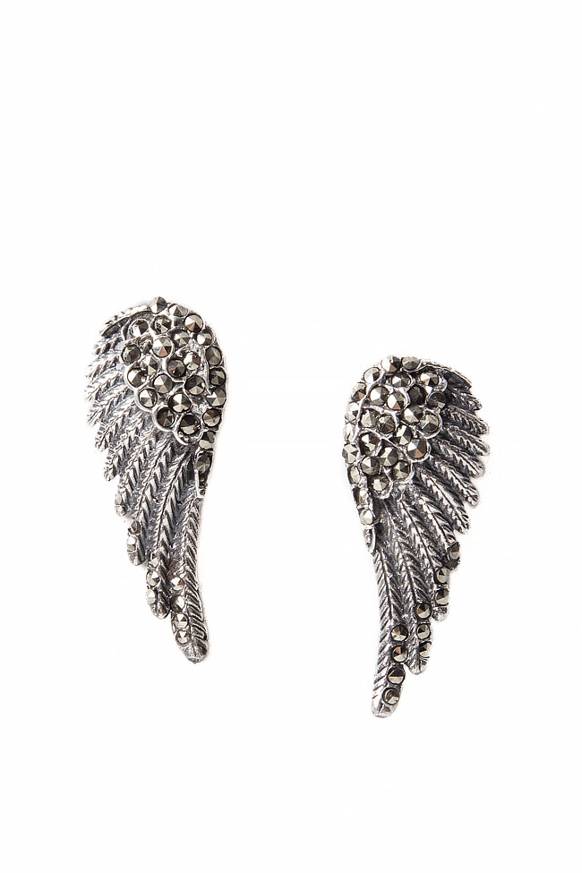 DARK WINGS silver earrings with marcasite Obsidian image 0