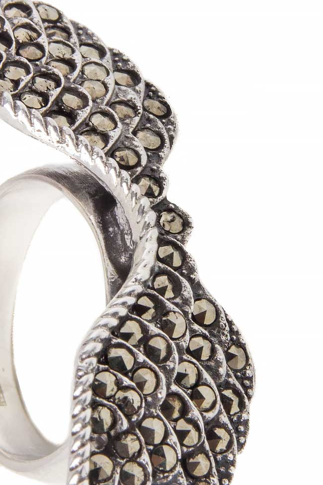 Inel din argint antichizat cu marcasite DARK WINGS Obsidian imagine 1