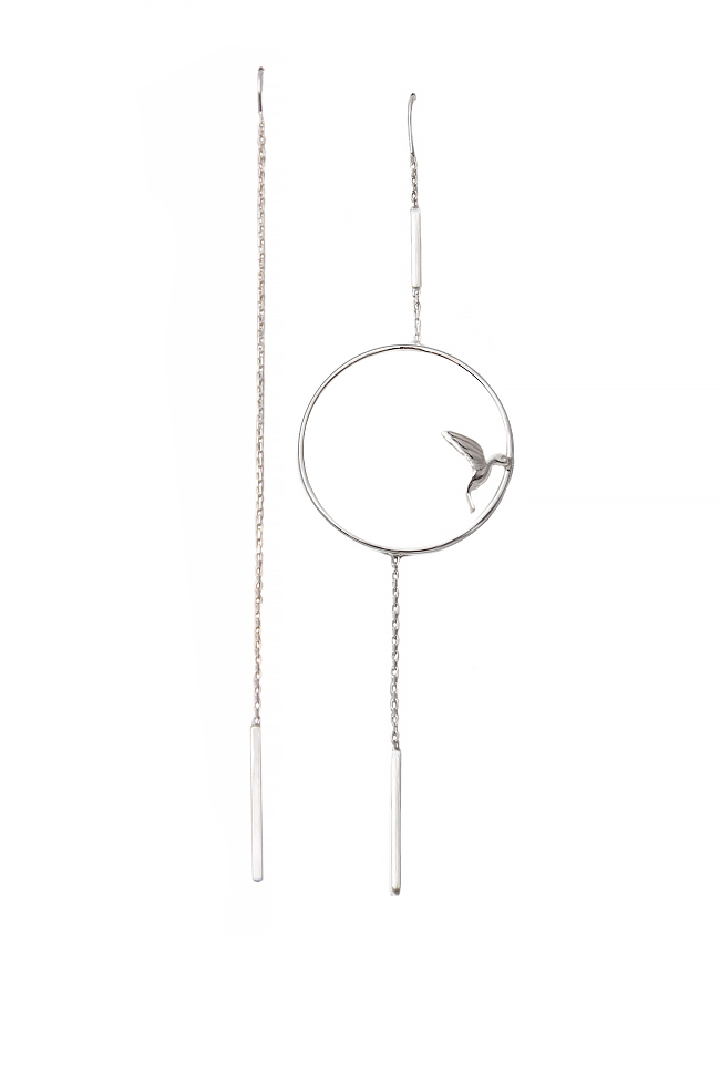 Cercei asimetrici realizati manual din argint cu pasare colibri Snob. imagine 0