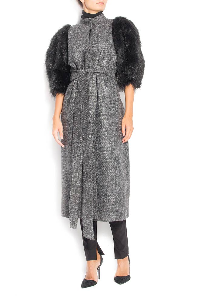 Wool-blend tweed coat with artificial fur No.23 image 0