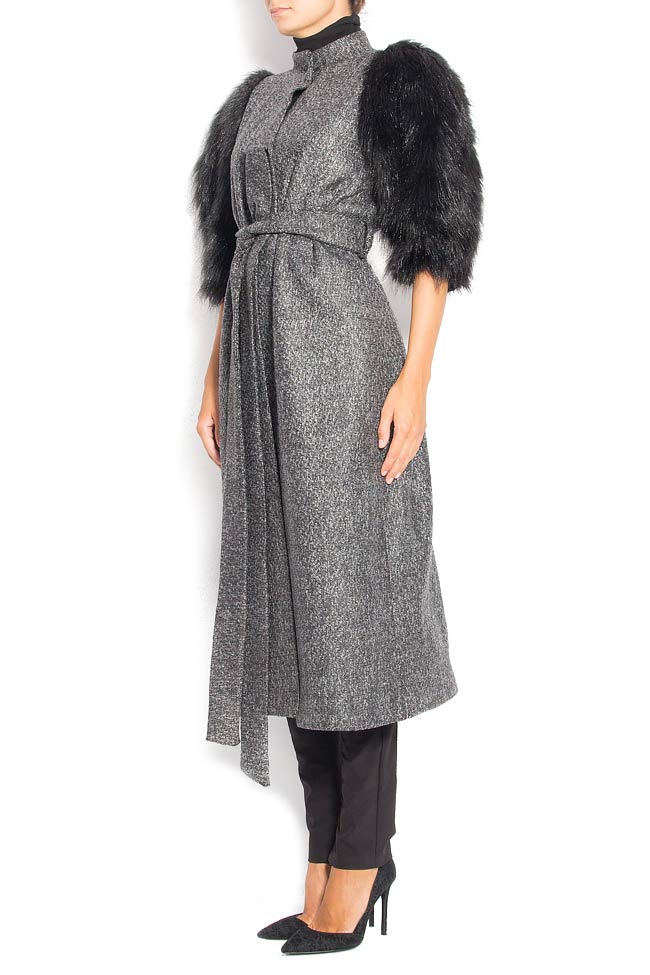 Wool-blend tweed coat with artificial fur No.23 image 1