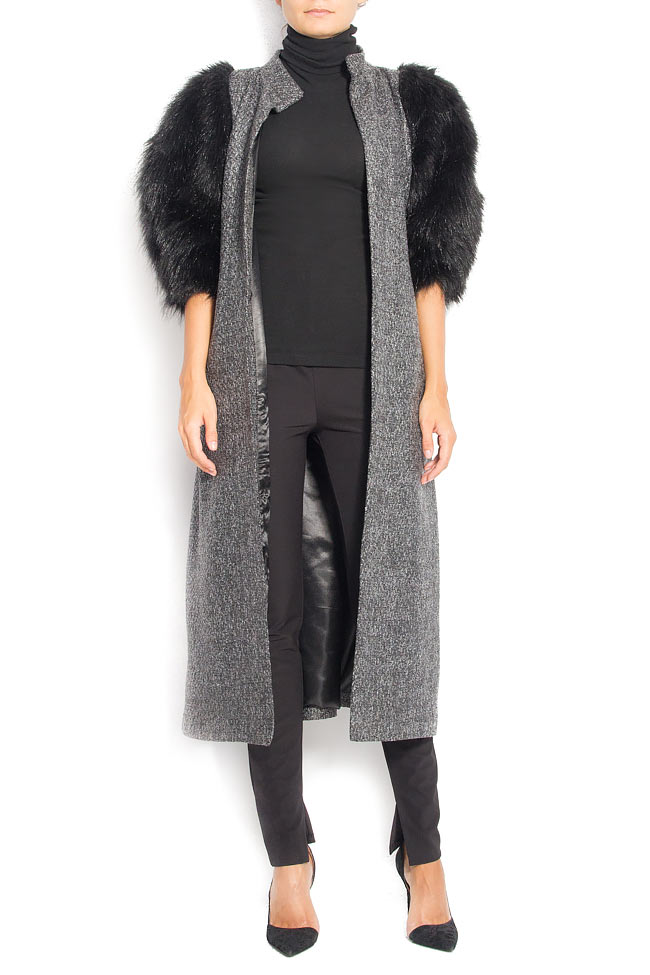 Wool-blend tweed coat with artificial fur No.23 image 3