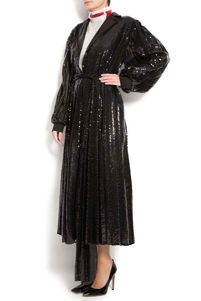 Palton din paiete cu cordon si revere SEQUIN ATU Body Couture imagine 1