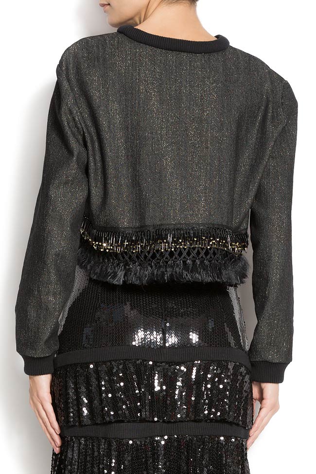 Sequin embellished and fringed denim crop top ATU Body Couture image 2